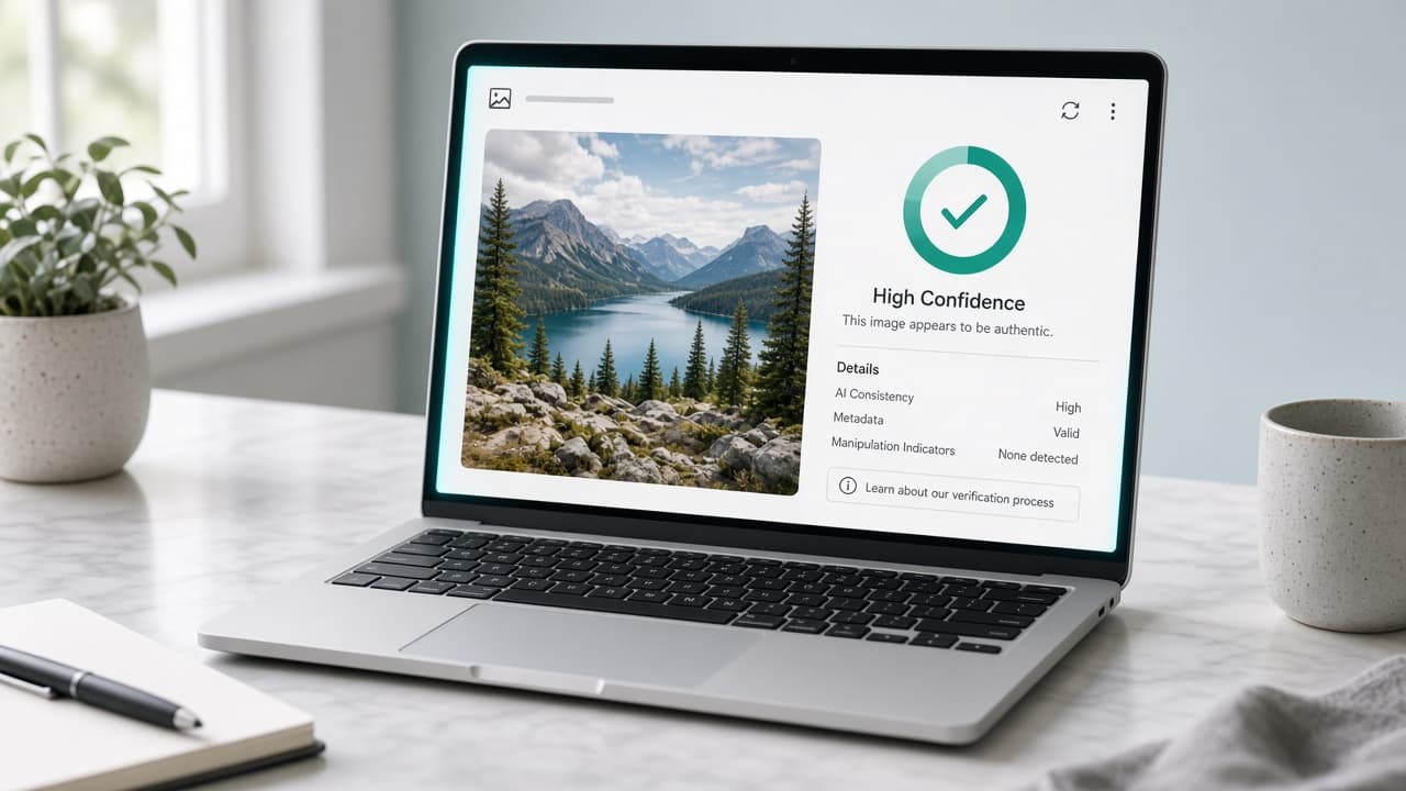 Laptop showing AI image checker analysis on a clean desk